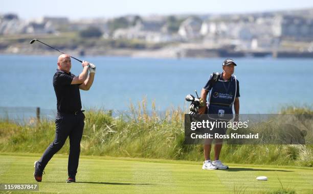 Keith Wood, former Ireland rugby international in action during the pro-am event prior to Dubai Duty Free Irish Open at Lahinch Golf Club on July 03,...