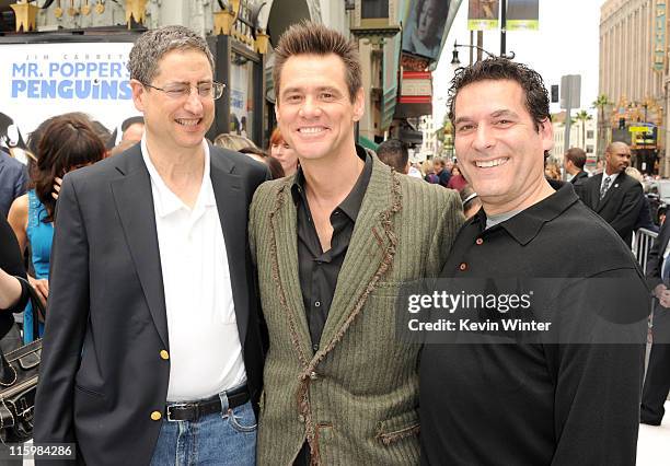 Chief Executive Officer of Fox Filmed Entertainment Thomas Rothman, actor Jim Carrey and Chief Marketing Officer for Fox Oren Aviv arrive at the...