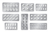 Realistic blisters. Medicine pill and capsule packs, white 3D drugs and vitamins isolated mockup. Vector pharmacy set