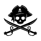 Pirate skull emblem illustration with crossed sabers.