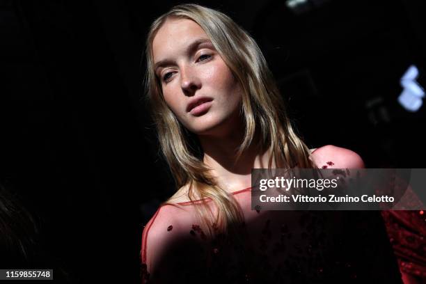 Model poses backstage prior the Zuhair Murad Haute Couture Fall/Winter 2019 2020 show as part of Paris Fashion Week on July 03, 2019 in Paris, France.