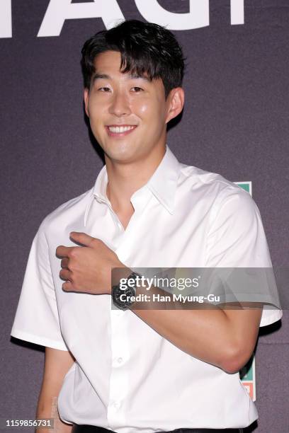 Son Heung-Min, watch detail, of Tottenham Hotspur FC attends the photocall for 'TAG Heuer' HMS Limited Edition Launch on July 03, 2019 in Seoul,...