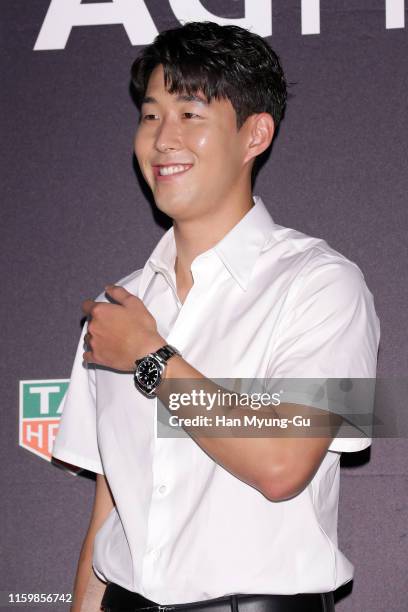 Son Heung-Min, watch detail, of Tottenham Hotspur FC attends the photocall for 'TAG Heuer' HMS Limited Edition Launch on July 03, 2019 in Seoul,...