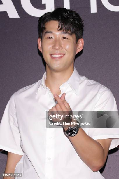 Son Heung-Min, watch detail, of Tottenham Hotspur FC attends the photocall for 'TAG Heuer' HMS Limited Edition Launch on July 03, 2019 in Seoul,...