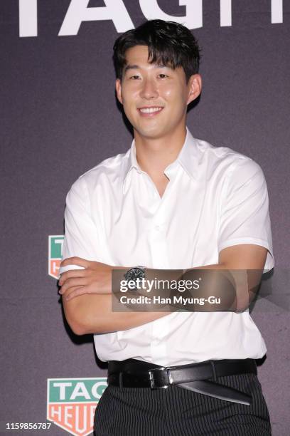 Son Heung-Min, watch detail, of Tottenham Hotspur FC attends the photocall for 'TAG Heuer' HMS Limited Edition Launch on July 03, 2019 in Seoul,...