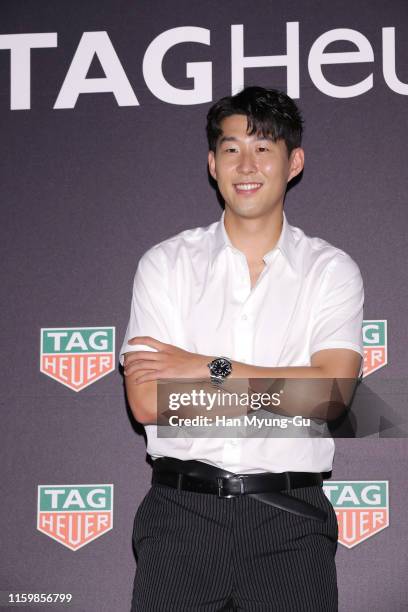 Son Heung-Min, watch detail, of Tottenham Hotspur FC attends the photocall for 'TAG Heuer' HMS Limited Edition Launch on July 03, 2019 in Seoul,...