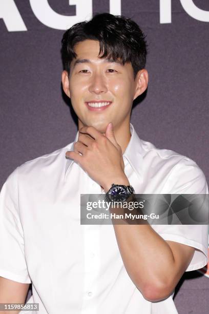 Son Heung-Min, watch detail, of Tottenham Hotspur FC attends the photocall for 'TAG Heuer' HMS Limited Edition Launch on July 03, 2019 in Seoul,...