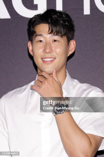 Son Heung-Min, watch detail, of Tottenham Hotspur FC attends the photocall for 'TAG Heuer' HMS Limited Edition Launch on July 03, 2019 in Seoul,...