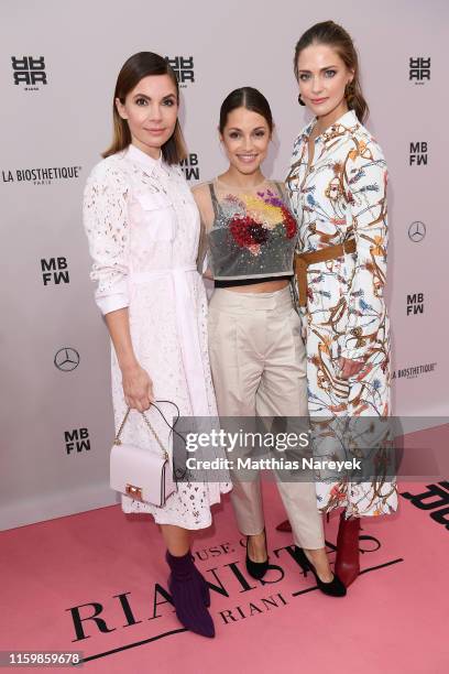 Nadine Warmuth, Anna Julia Antonucci and Laura Berlin attend the Riani show during the Berlin Fashion Week Spring/Summer 2020 at ewerk on July 03,...