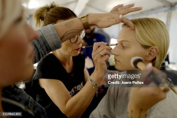 Model is seen backstage ahead of the Riani show during the Berlin Fashion Week Spring/Summer 2020 at ewerk on July 03, 2019 in Berlin, Germany.