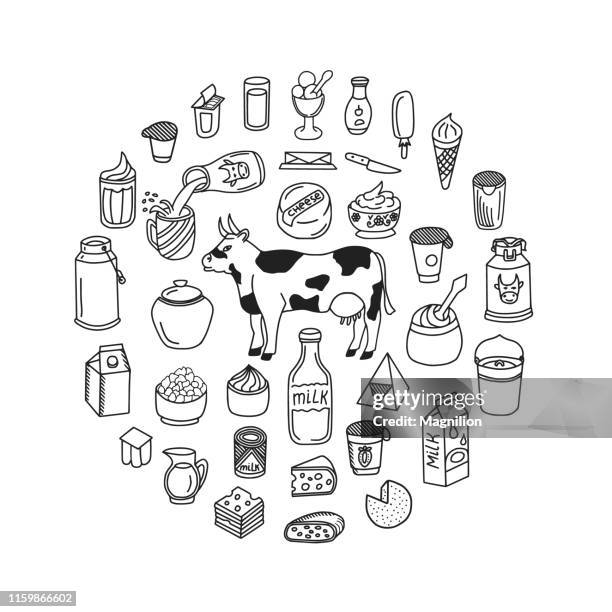 milch und milchprodukte doodle set - milk stock-grafiken, -clipart, -cartoons und -symbole