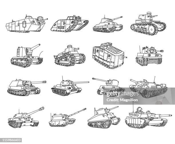 tanks doodle set - tank stock-grafiken, -clipart, -cartoons und -symbole