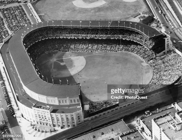 Aerial view of Yankee Stadium during a baseball game, New York, New York, 1955.