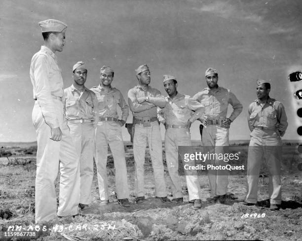 Portrait of staff officers of the 99th Fighter Squadron , Fez, French Morocco, May 12, 1943. Pictured are, from left, Commanding Officer Lt Col...