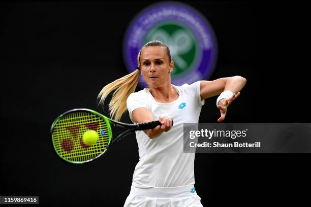 Magdalena Rybarikova of Slovakia plays a forehand in her Ladies' Second round match against Cori Gauff of the United States during Day three of The...