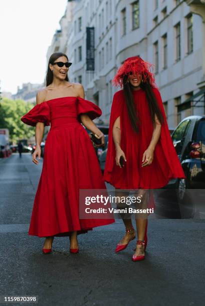 Giorgia Tordini and Gilda Ambrosio pose wearing Valentino after the Valentino Show during Paris Fashion Week - Haute Couture Fall/Winter 2019/2020 on...