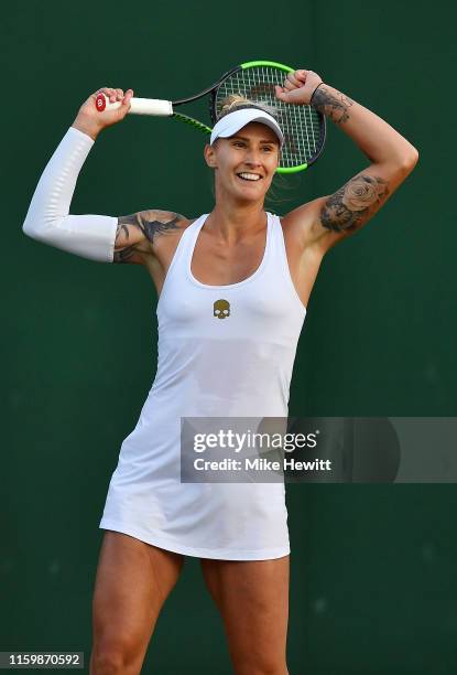 Polona Hercog of Slovenia celebrates match point in her Ladies' Singles second round match against Madison Keys of The United States during Day three...