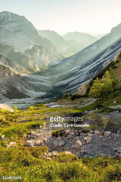 valley in the karwendel mountain range - karwendel stock-fotos und bilder