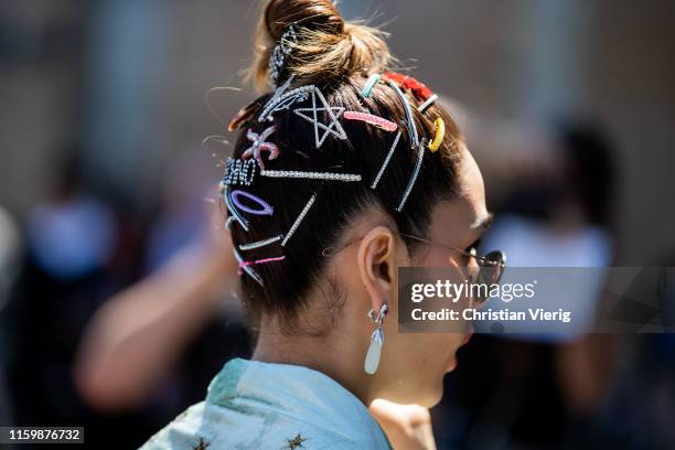 Araya Hartgate is seen wearing hair clips outside Elie Saab during Paris Fashion Week - Haute Couture Fall/Winter 2019/2020 on July 03, 2019 in...