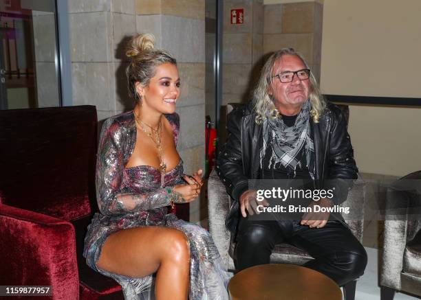 Rita Ora and Jewelry designer Thomas Sabo at the Thomas Sabo X Rita Ora press Cocktail at Stadtbad Oderberger on July 03, 2019 in Berlin, Germany.