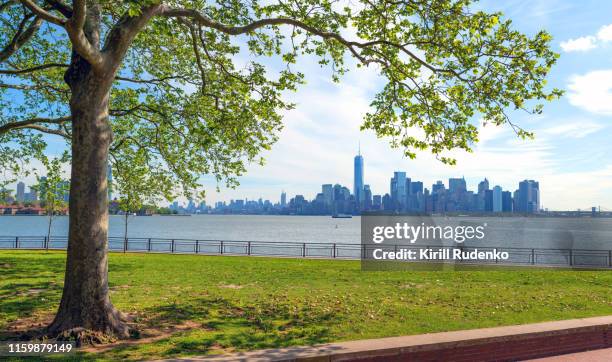 a view of downtown manhattan from the liberty island, new york, usa - liberty island stock pictures, royalty-free photos & images