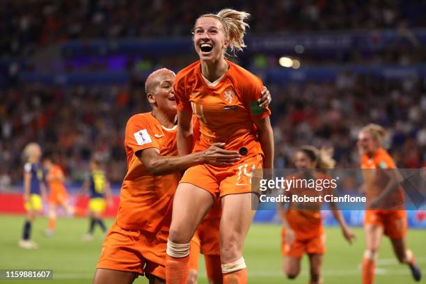 Jackie Groenen of the Netherlands celebrates after scoring her team's first goal during the 2019 FIFA Women's World Cup France Semi Final match...