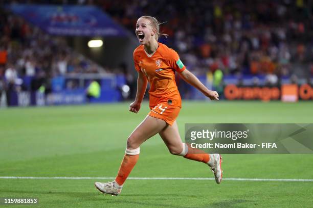Jackie Groenen of the Netherlands celebrates after scoring her team's first goal during the 2019 FIFA Women's World Cup France Semi Final match...