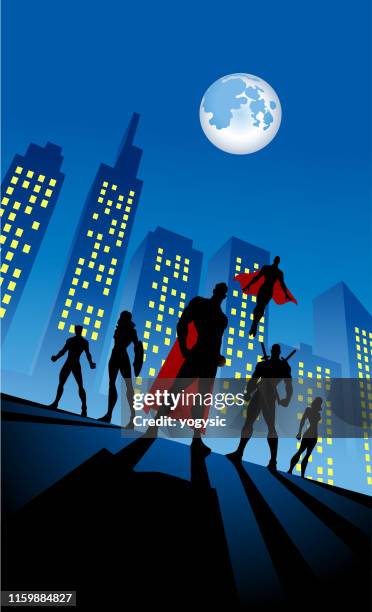 ilustrações, clipart, desenhos animados e ícones de silhueta da equipe do super-herói do vetor no fundo da cidade na noite - capuz
