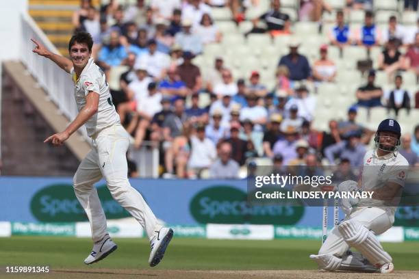 Australia's Pat Cummins appeals having forced England's Jonny Bairstow into gloving a catch to Australia's Cameron Bancroft during play on the fifth...