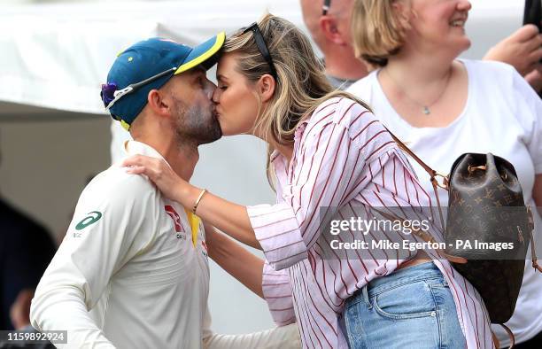 Australia's Nathan Lyon kisses his partner Emma McCarthy during day five of the Ashes Test match at Edgbaston, Birmingham.