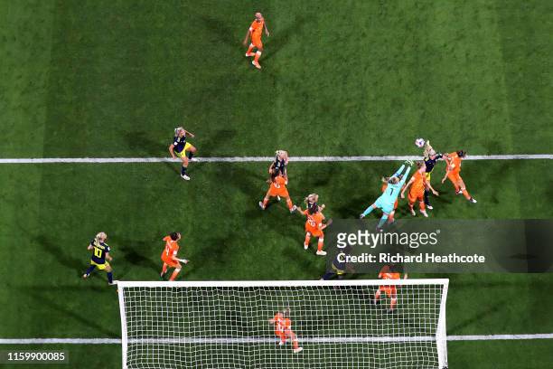 Sari Van Weenendaal of the Netherlands attempts to punch clear during the 2019 FIFA Women's World Cup France Semi Final match between Netherlands and...