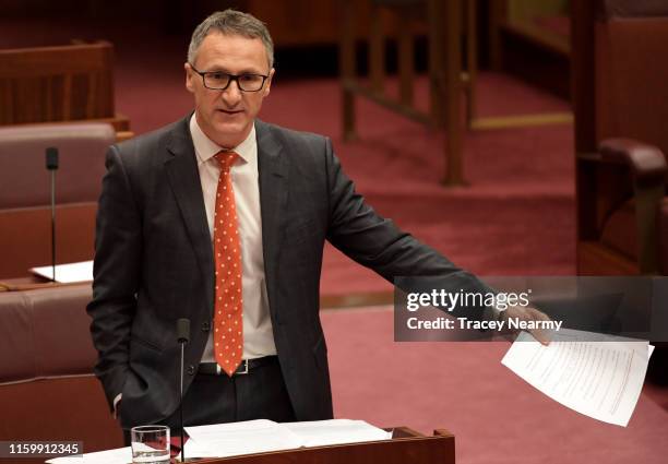 Senator Richard Di Natale debates the Treasury Laws Amendment Bill 2019, in the Senate at Parliament House on July 04, 2019 in Canberra, Australia....