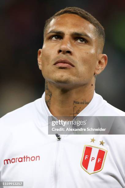 Paolo Guerrero of Peru looks on prior to the Copa America Brazil 2019 Semi Final match between Chile and Peru at Arena do Gremio on July 03, 2019 in...