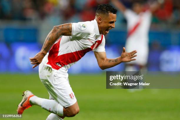 Yoshimar Yotun of Peru celebrates after scoring the second goal of his team during the Copa America Brazil 2019 Semi Final match between Chile and...