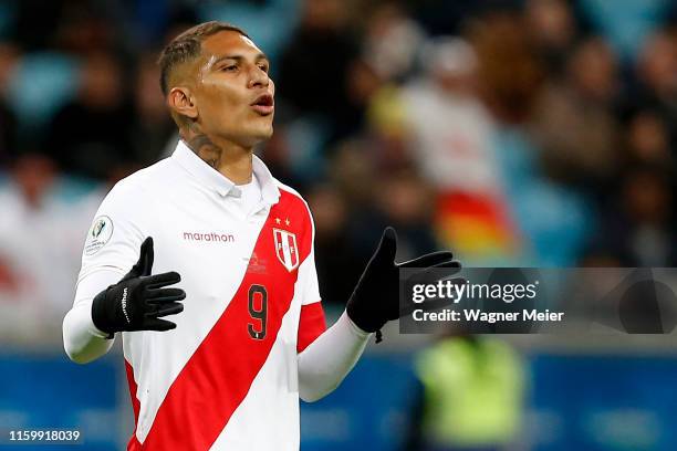 Paolo Guerrero of Peru reacts during the Copa America Brazil 2019 Semi Final match between Chile and Peru at Arena do Gremio on July 03, 2019 in...