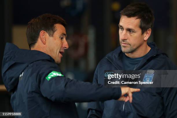 Blues assistant coach Andrew Johns talks to Mitchell Pearce of the Blues during a New South Wales Blues State of Origin training session at the NSWRL...