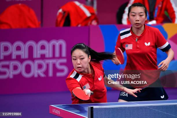 Lily Zhang and Wu Yue play against Canada's Alicia Cote and Mo Zhang during the Table Tennis Women's Doubles Semifinals at the Lima 2019 Pan-American...