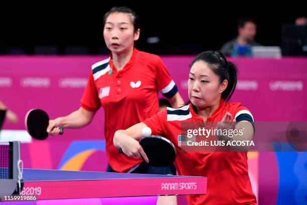 Lily Zhang and Wu Yue play against Canada's Alicia Cote and Mo Zhang during the Table Tennis Women's Doubles Semifinals at the Lima 2019 Pan-American...