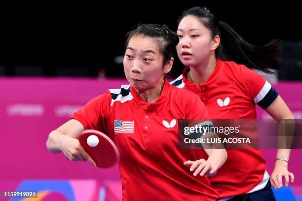Wu Yue and Lily Zhang play against Canada's Alicia Cote and Mo Zhang during the Table Tennis Women's Doubles Semifinals at the Lima 2019 Pan-American...
