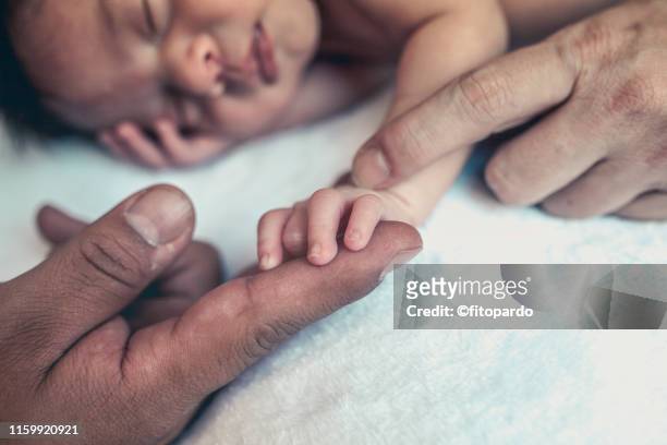 baby holding parents hands - mexican and white baby stock pictures, royalty-free photos & images