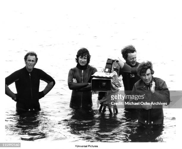 Martha's Vineyard, MA [unidentified], Director Steven Spielberg, camera operator Michael Chapman and cinematographer Bill Butler on the set of the...