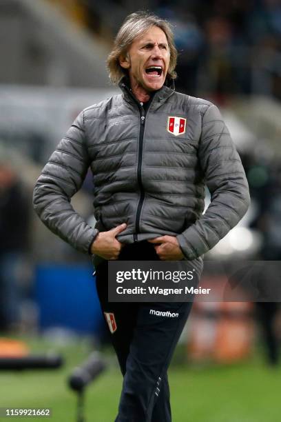 Ricardo Gareca head coach of Peru reacts during the Copa America Brazil 2019 Semi Final match between Chile and Peru at Arena do Gremio on July 03,...