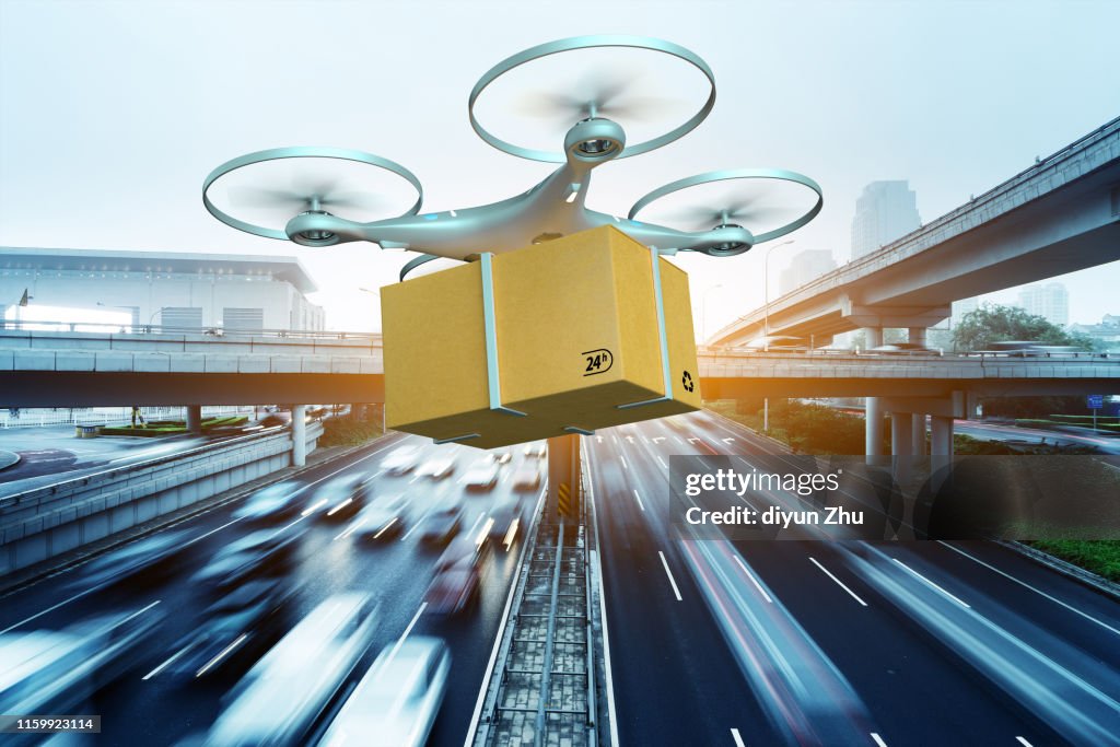 Drone delivering package over cityscape,3d render