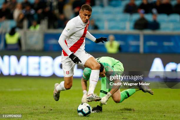 Paolo Guerrero of Peru fights for the ball with Gabriel Arias of Chile to score the third goal of his team during the Copa America Brazil 2019 Semi...