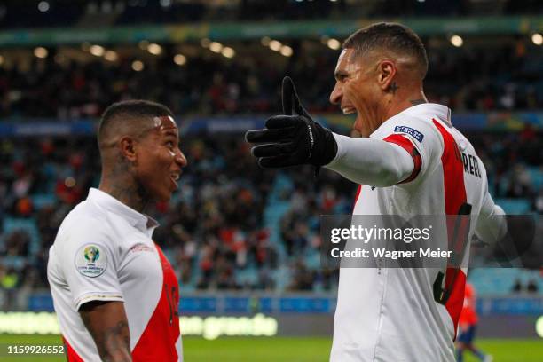 Paolo Guerrero of Peru celebrates after scoring the third goal of his team with teammate Andy Polo during the Copa America Brazil 2019 Semi Final...