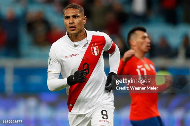 Paolo Guerrero of Peru celebrates after scoring the third goal of his team during the Copa America Brazil 2019 Semi Final match between Chile and...