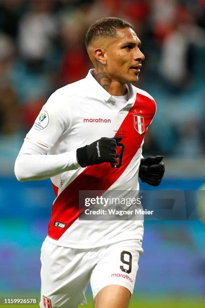 Paolo Guerrero of Peru celebrates after scoring the third goal of his team during the Copa America Brazil 2019 Semi Final match between Chile and...