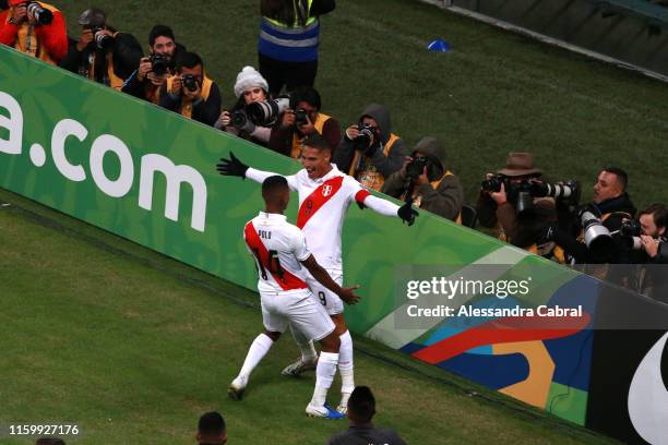 Paolo Guerrero of Peru celebrates after scoring the third goal of his team with teammate Andy Polo during the Copa America Brazil 2019 Semi Final...
