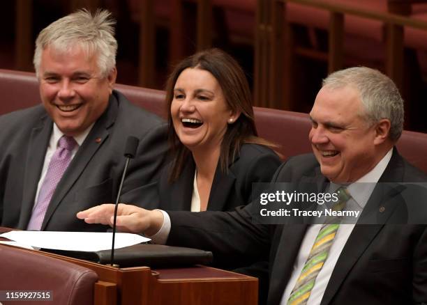 Senator Jacqui Lambie sits with Senator Stirling Griff and Senator Rex Patrick during a division in the Senate at Parliament House on July 04, 2019...