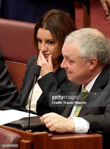 Senator Jacqui Lambie sits with Senator Stirling Griff during a division in the Senate at Parliament House on July 04, 2019 in Canberra, Australia....